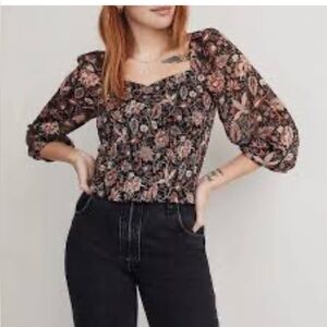 Madewell Lucie Smocked Cropped Top Blouse in Floral Size S